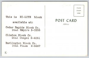 Advertising~This Is Hi-Lite Block~Bricks~Cedar Rapids~Burlington~1950s Postcard