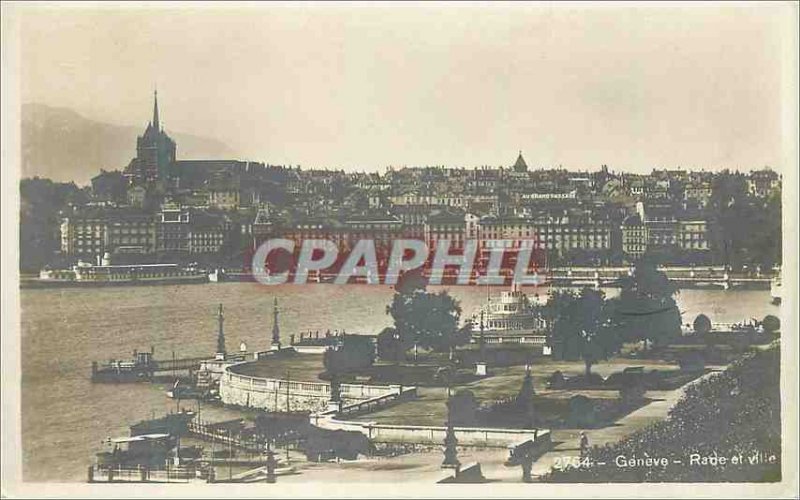 Old Postcard Geneva city and Rade Boat