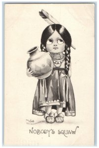 1912 Cute Little Girl Braided Hair Feather Nobody Squaw Wall Signed Postcard