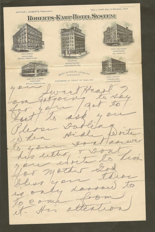 Roberts-Karp Hotel System Minnesota 1920's Stationary Used PLEASE READ NOTE