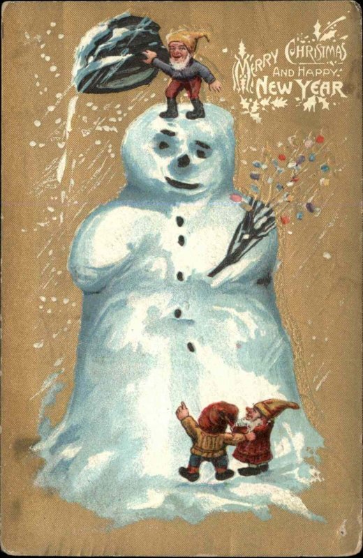 1909 Christmas Fantasy PC Gnomes Elves Climbing Snowman