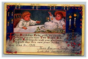 Vintage 1919 Birthday Postcard Cradle Roll Department Children Cake Candles