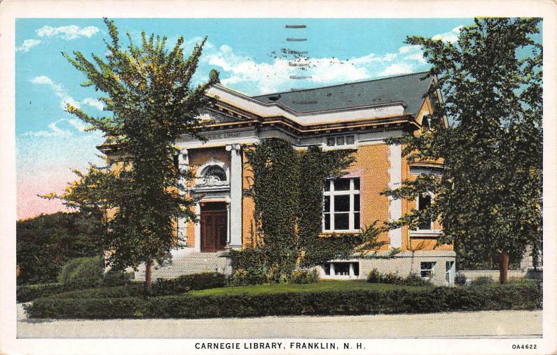 Carnegie Library, Franklin, N.H., Early Postcard, Used in 1944