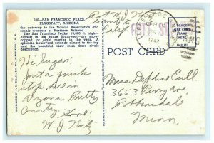 1942 San Francisco Peaks Flagstaff AZ Postcard w/ RMS Free Service Cancel