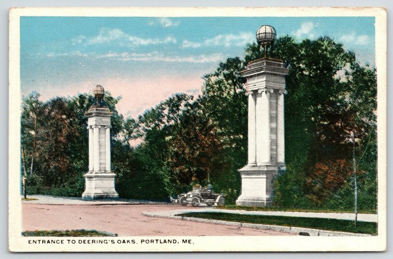 Portland Maine~Deering Oaks Park Entrance~Pillars With Lights~Vintage Auto~1920s 