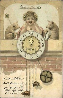 Art Nouveau German New Year-  Woman Pigs & Clock c1905 Po...