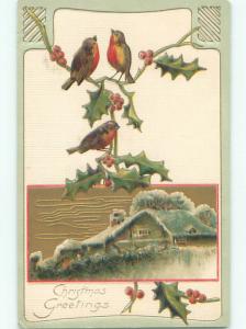 Pre-Linen christmas BIRDS ON HOLLY BRANCHES OVER HOUSE k1209