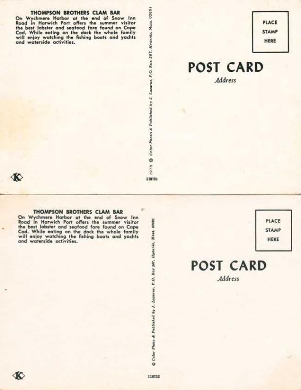 (2 cards) Thompson Brothers Clam Bar - Harwich Port MA, Cape Cod, Massachusetts