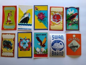 Broom Labels 10 Original Red Bird Swan Horse Ship Boat Atlantic Eagle Vintage