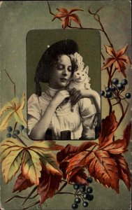 Beautiful Woman with White Cat Decorative Leaf Border c1910 Vintage Postcard