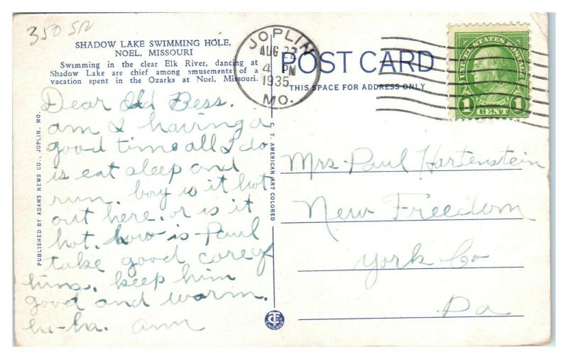 1935 Shadow Lake Swimming Hole, Noel, MO Postcard *6L20 United States