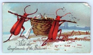 1800's *COCKROACHES CARRYING A BASKET OR NEST*BIRDS*COMPLIMENTS OF THE SEASON