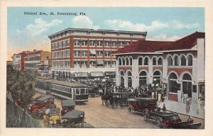 F7/ St Petersburg Florida c1915 Postcard Central Avenue Trolley Crowd 2