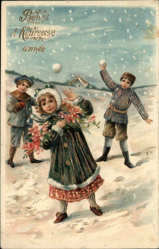 Christmas Snowball Fight Children Gilt Embossed c1910 Postcard