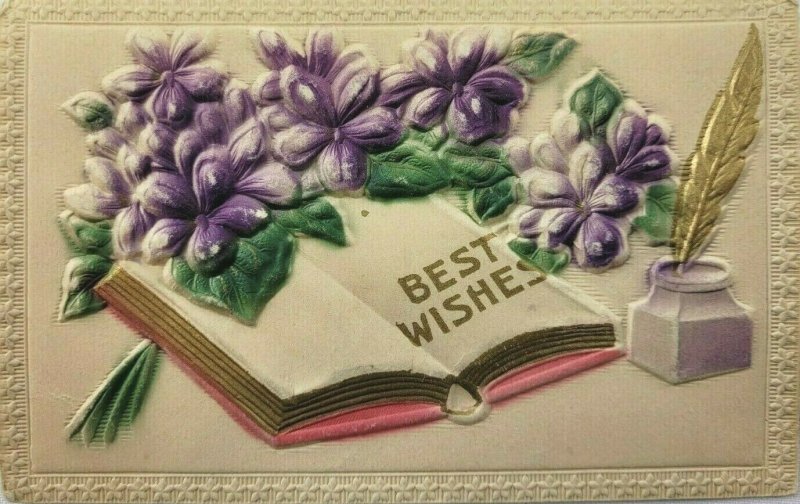 Vintage Postcard 1914 Felt Purple Flower Best Wishes Ink Pen 