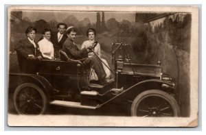 RPPC Carload Of Young People Driving Prop Automobile Car 1908 Postcard P25