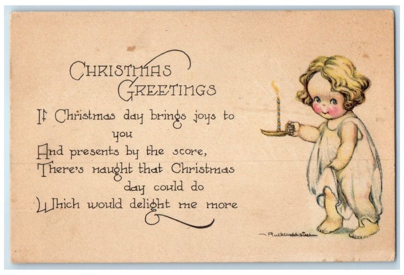 1922 Christmas Greetings Little Girl Holding Candle Posted Vintage Postcard