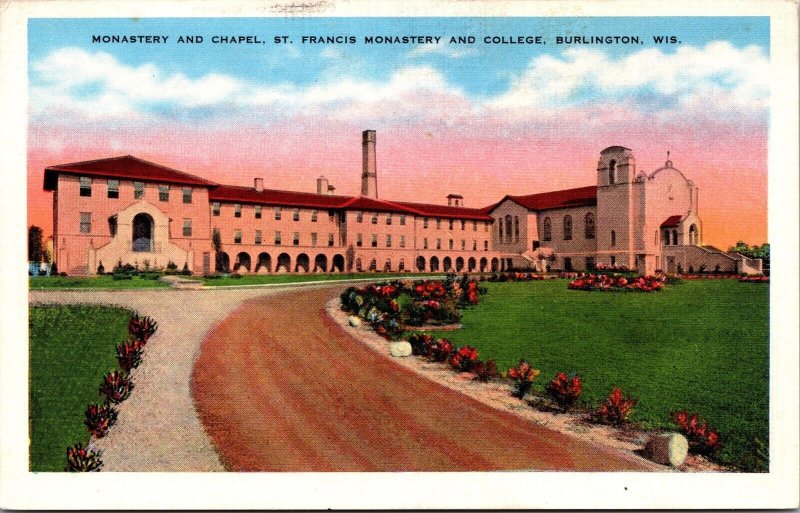 Vtg Burlington Wisconsin WI St Francis Monastery Chapel & College 1930s Postcard 