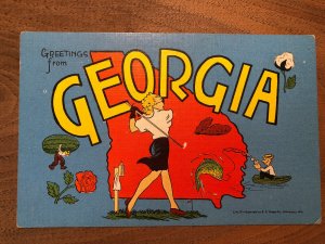 Vintage 40s GREETINGS from GEORGIA Kropp Woman Golfer Letters Postcard