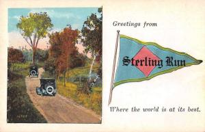 Sterling Run Pennsylvania ? Greetings Pennant Flag Cars Postcard JE229622