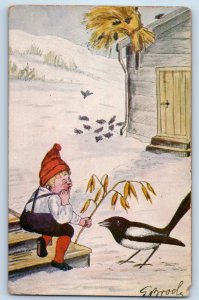 1916 Little Boy And Birds Winter Scene Hoboken New York NY Antique Postcard