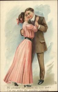 Embossed Romance Lovers Kiss Woman in Pink Dress #617 c1910 Postcard