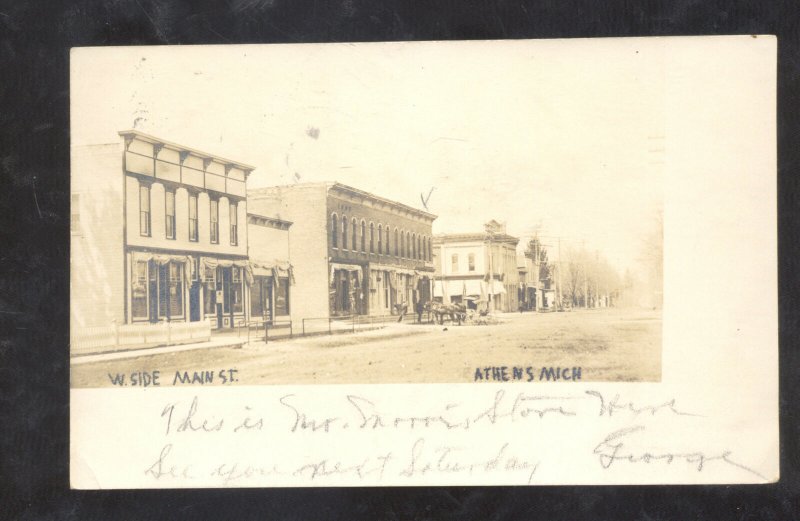 RPPC ATHENS MICHIGAN DOWNTOWN STREET SCENE STORES REAL PHOTO POSTCARD 1906