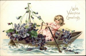 Tuck Valentine Little Girl in Boat of Flowers c1910 Embossed Vintage Postcard