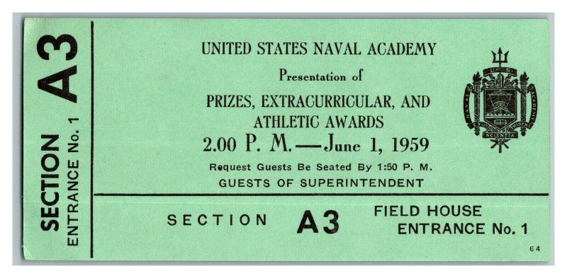 U.S. Naval Academy Ticket June 1 1959 Prizes Extracurricular Athletic Awards