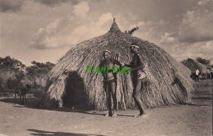 Postcard RPPC African Women Rural Scene Grass Hut