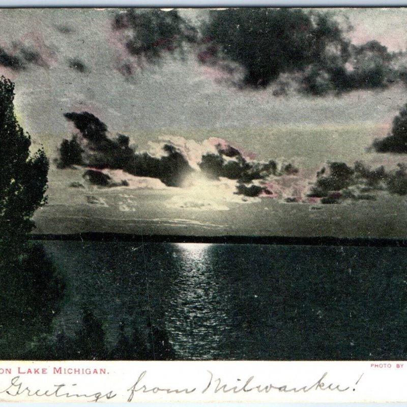 1907 Lake Michigan Moonlight Glowing Clouds RARE F.T. Bannister Postcard A64