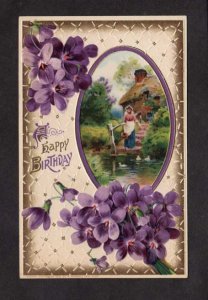 A Happy Birthday Greetings Violet Purple Flowers Postcard Embossed PC 1913