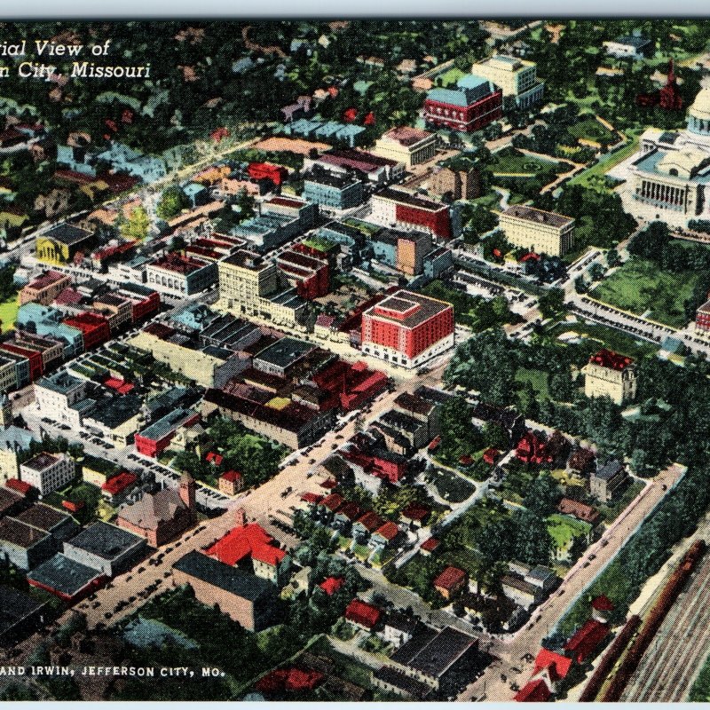 c1940s Jefferson City MO Downtown Main St Birds Eye Capitol Railway Shop PC A247
