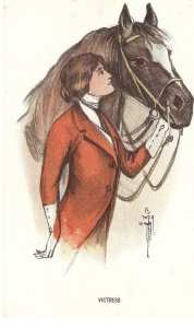 Lady with her horse. Victress Old vintage German PC. Artist signed