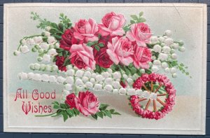 Vintage Victorian Postcard 1910 All Good Wishes - Flower Cart of Roses