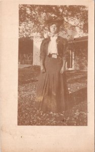 ARISTO Real Photo Postcard PA Mercer Young Woman in Front of Home ~1910 S117