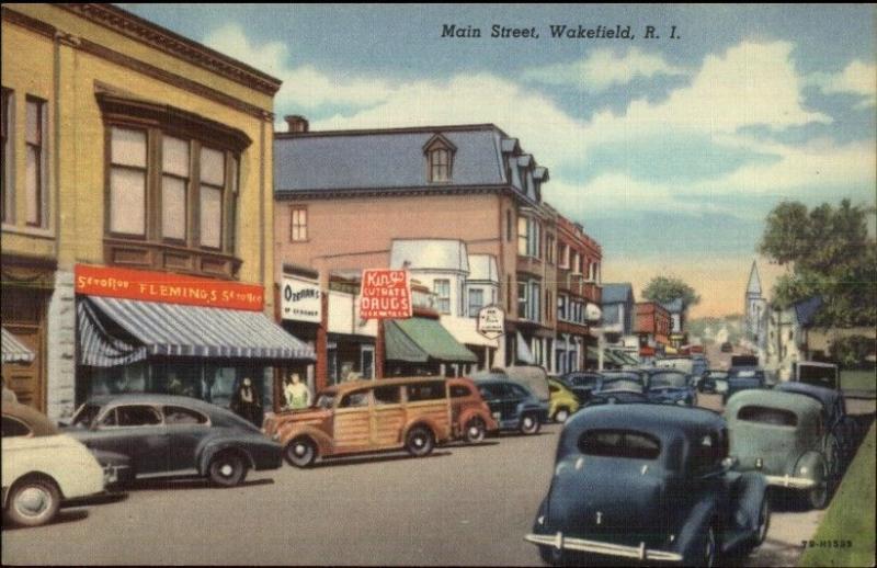 Wakefield RI Nice Linen Street Scene Old Cars Woodie - Postcard