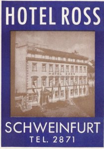 Germany Schweinfurt Hotel Ross Vintage Luggage Label sk2105