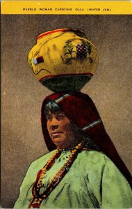 Postcard NM Pueblo Woman Carrying Olla (Water Jar) Native Americana L4