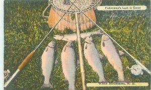 White Mountains NH Fishing, Fish, Poles, Creel Basket 1954 Linen  Postcard Used