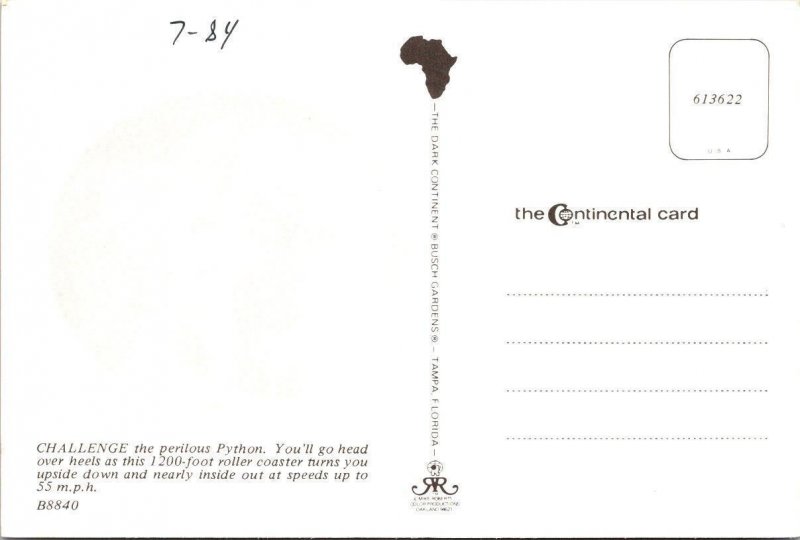 Tampa FL Florida BUSCH GARDENS AMUSEMENT PARK Python Roller Coaster 4X6 Postcard