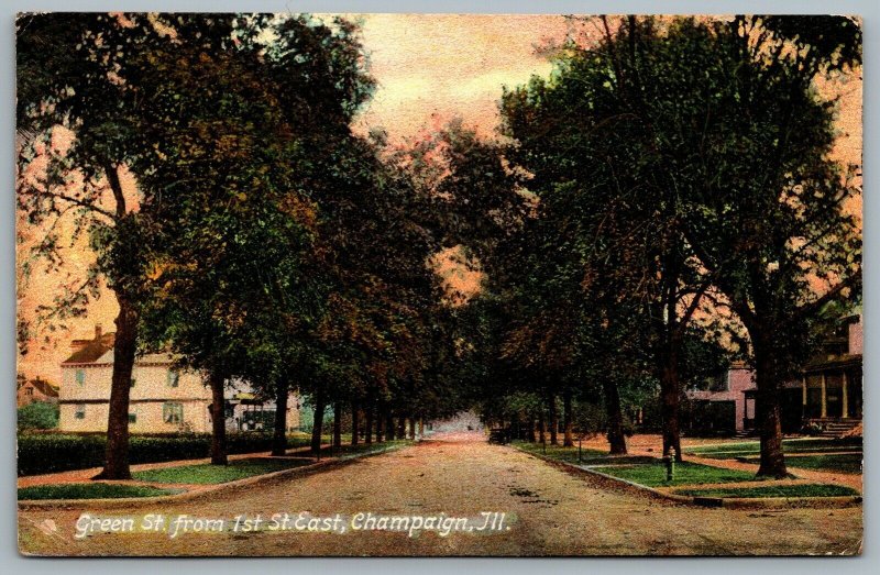 Postcard Champaign Illinois c1909 Green Street From 1st Street East Hand Tinted