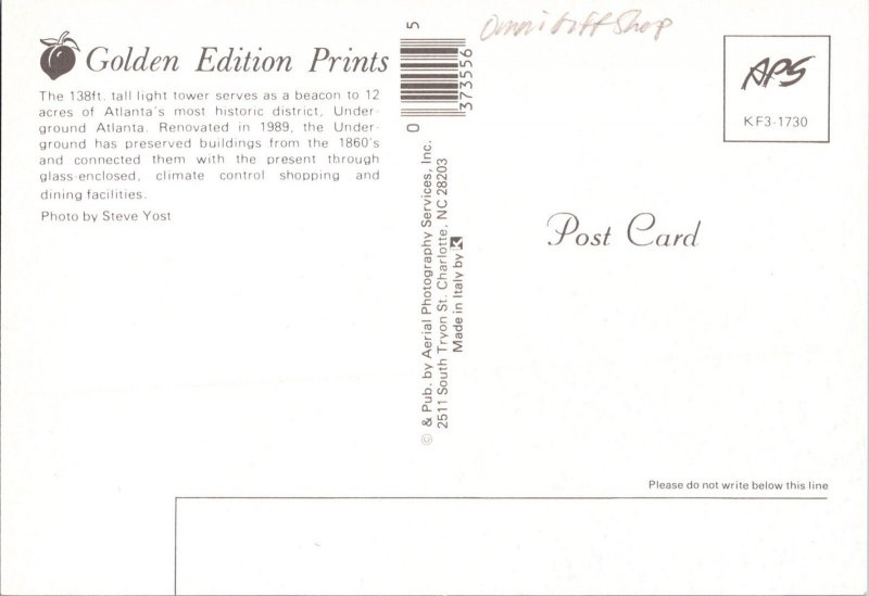 Continental Postcard- Light Tower, Underground Atlanta- Atlanta, Georgia- CE4