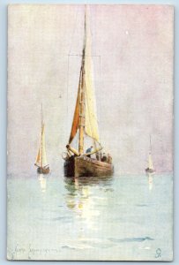 Postcard Three Yellow Flag Boats Sailing c1910 Unposted Aquarette Tuck Art