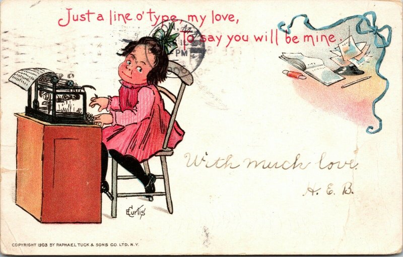 Artist Signed Vintage Postcard Curtis , Raphael Tuck 1903 child typewriter