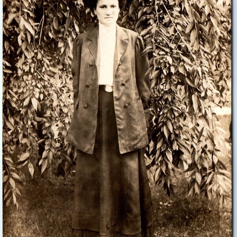 c1910s Outdoors Lovely Lady Woman RPPC Girl Dress Real Photo Flower Hat Fun A160