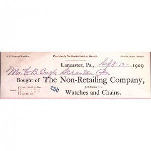 1909 LANCASTER PENNSYLVANIA THE NON-RETAILING CO WATCHES BILLHEAD INVOICE Z131