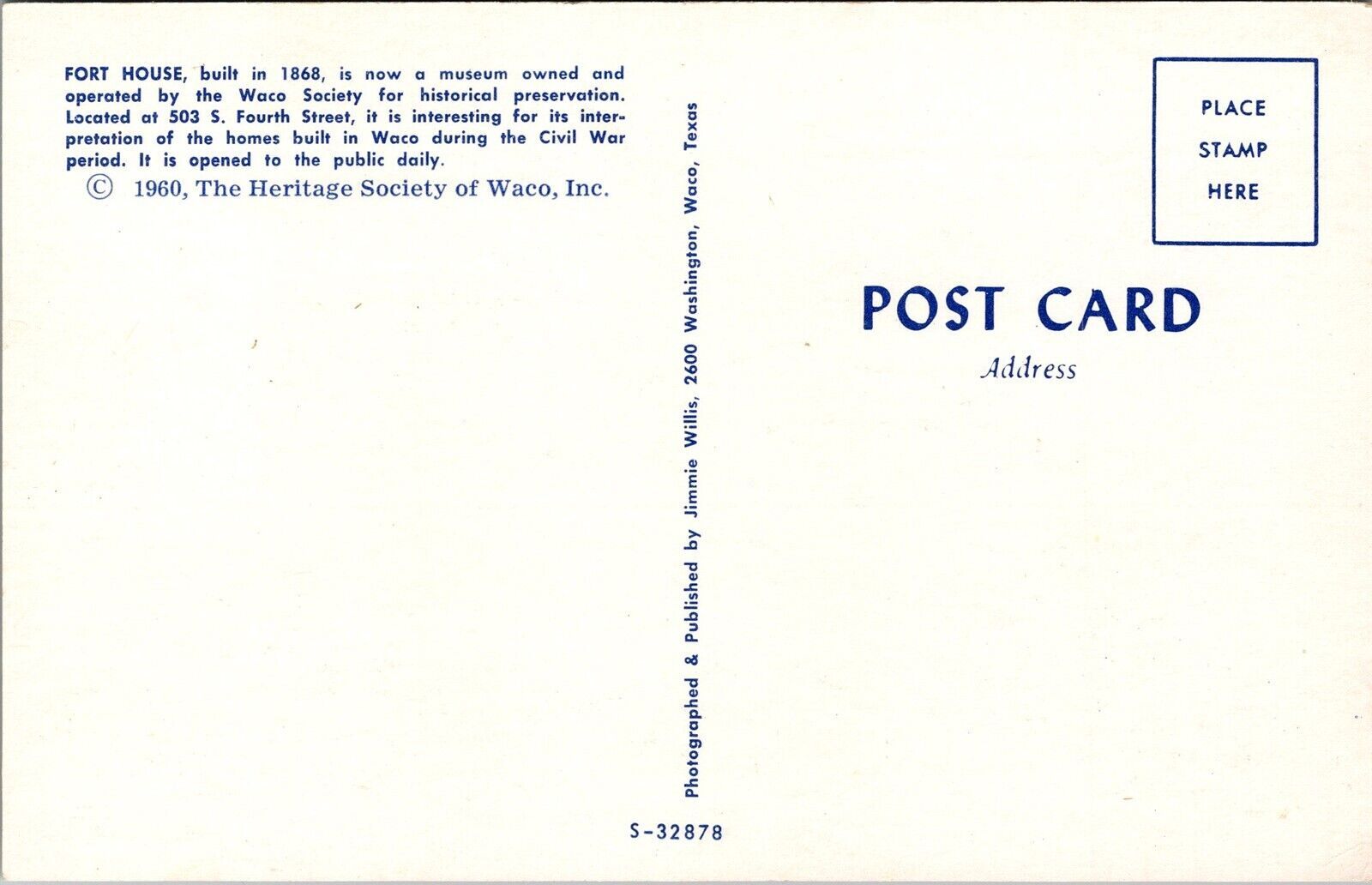 Vtg Waco Texas TX Fort House Residence Museum 1960 Chrome View Postcard