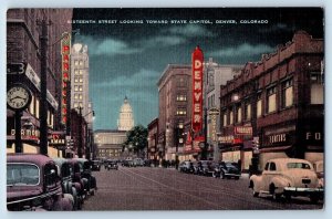 Denver Colorado Postcard Sixteenth Street Toward State Capitol Night Road c1940
