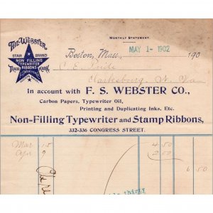 1902 Antique Billhead - F.S. WEBSTER Co - Carbon Papers, Typewriter Oil, Inks